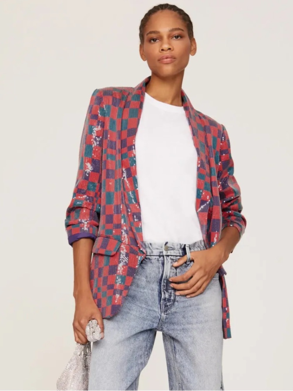 NWOT Hutch Romeo Pink, Red & Teal Blazer Sequined Checkerboard Design Size M